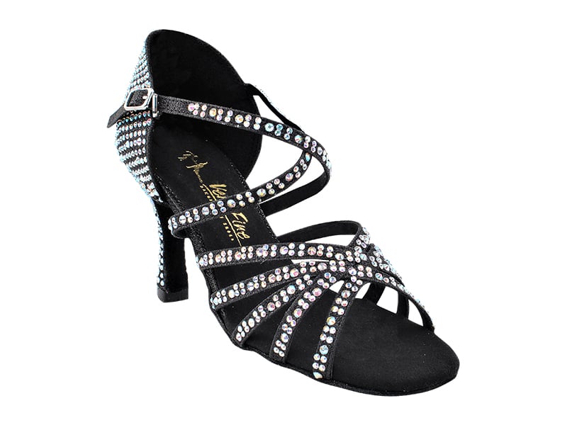 Glamorous black dance shoes featuring shimmering glitter and satin finish