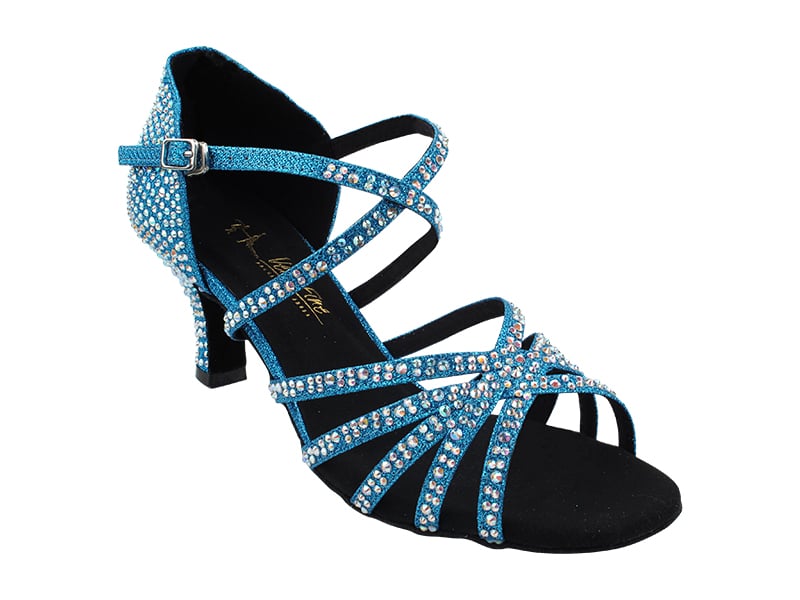 Blue dance shoes designed to sparkle with eye-catching glitter and satin