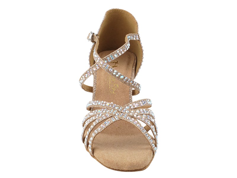 Bling champagne dance shoes featuring sparkling glitter on a satin finish