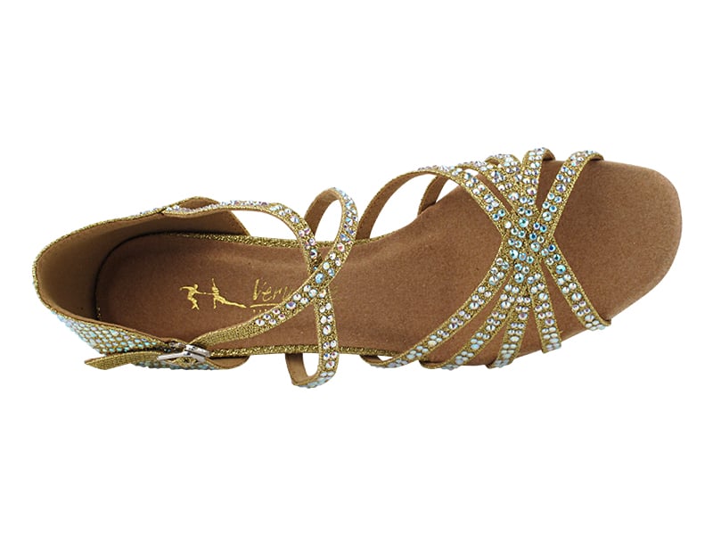 Elegant gold satin dance shoes featuring eye-catching glitter for a radiant look