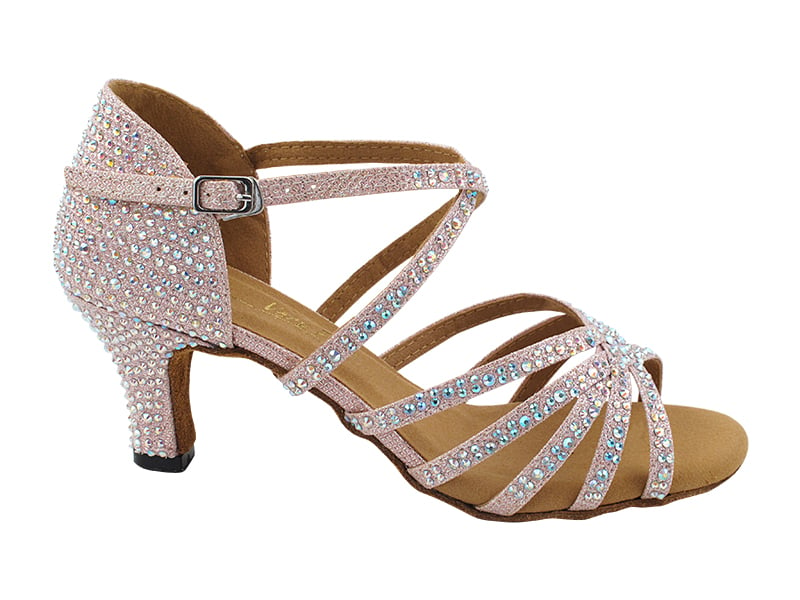 Chic ballroom heels in a delightful pink shade, adorned with glitter and satin