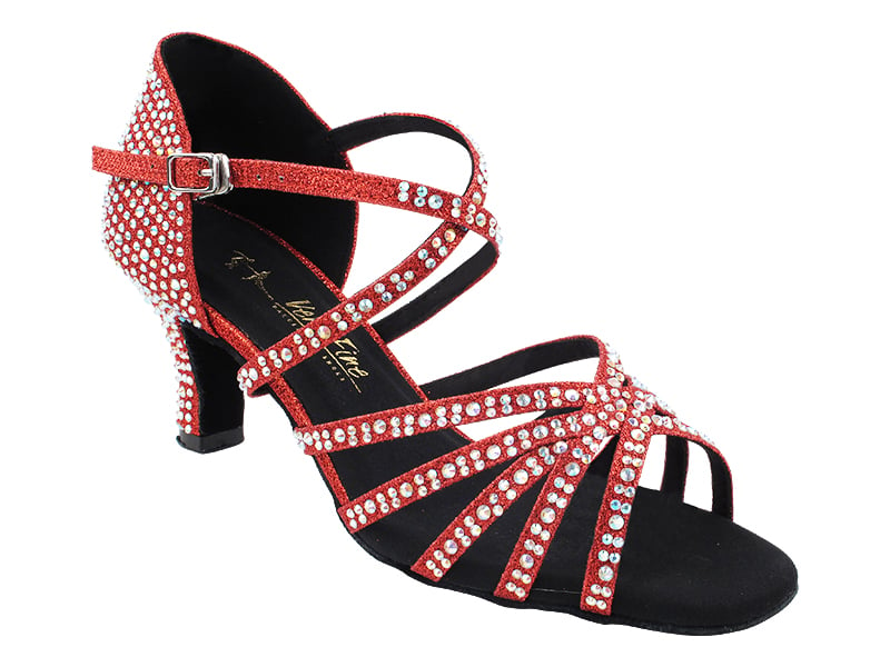 Blinged-out red dance shoes featuring dazzling glitter and satin allure