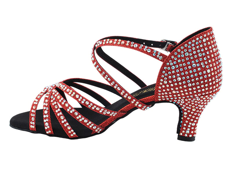 Elegant ballroom footwear in radiant red, adorned with shimmering glitter and satin