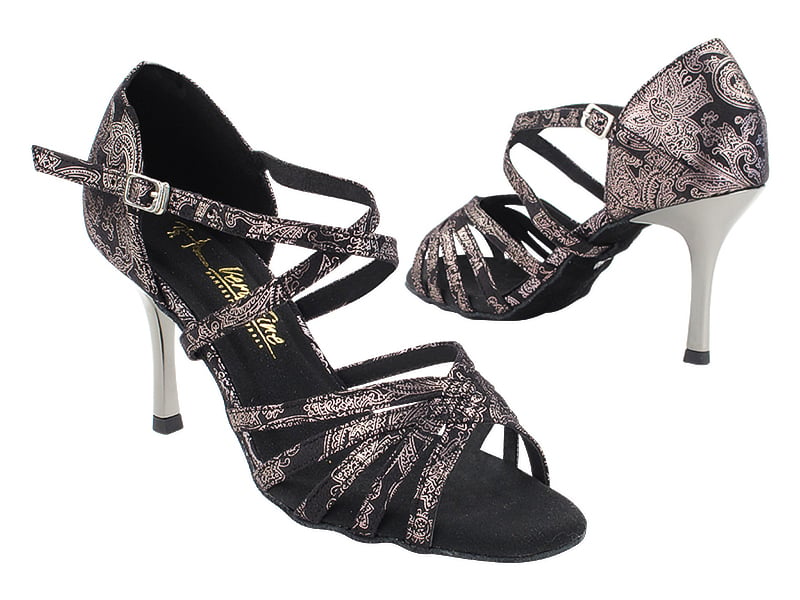 Velvet ballroom heels in classic black adorned with delicate flower details