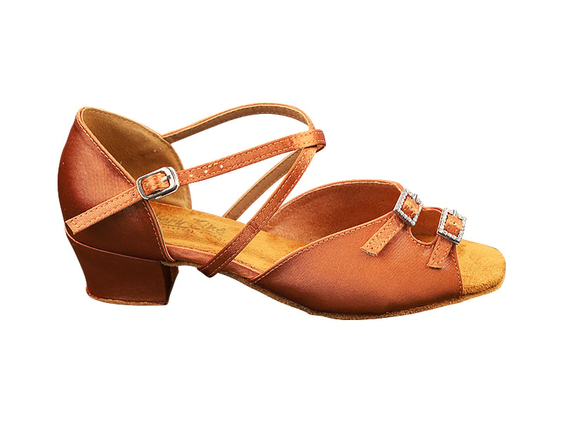 Elegant dance shoes in dark tan satin with intricate stone embellishments