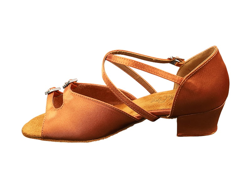 Sophisticated dark tan ballroom heels featuring sparkling stone details on satin