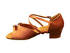 Sophisticated dark tan ballroom heels featuring sparkling stone details on satin