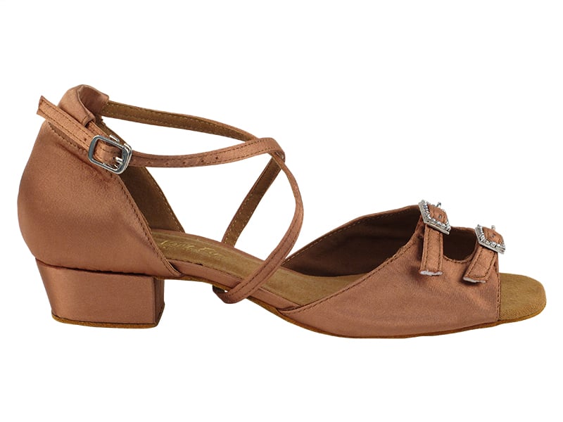 Chic dance shoes in tan satin, blending style with comfort for a refined look