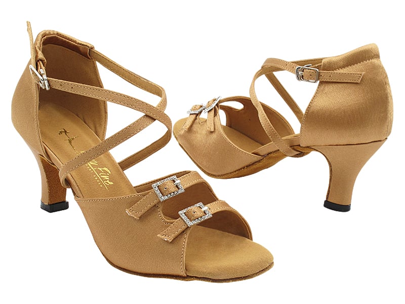 Brown satin ballroom heels with tasteful stone embellishments for a touch of glamour