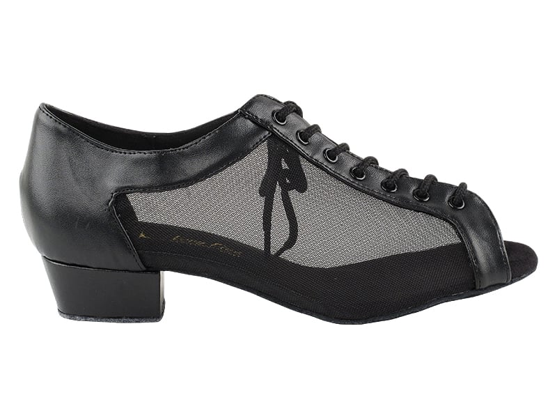 Black mesh ballroom dance shoes, offering breathability and flexibility for dynamic movements