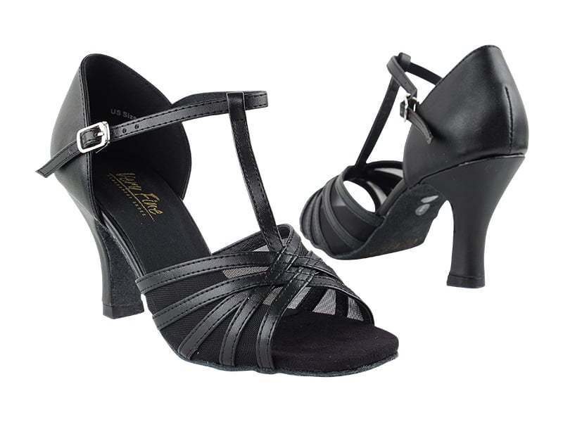 Black leather and mesh ballroom heels