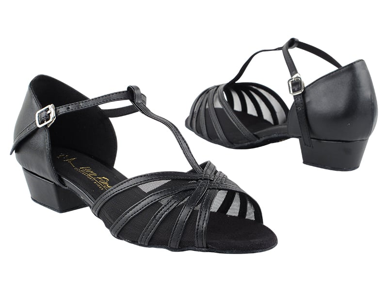 Black leather and mesh ballroom heels, combining durability with breathability