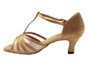 Brown satin and flesh mesh ballroom shoes with heels, perfect for dancers seeking sophistication