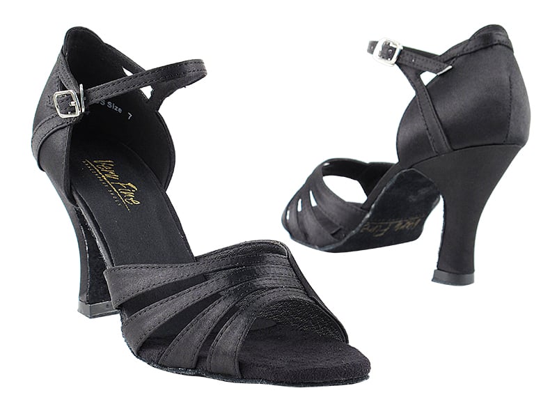 Sleek black satin ballroom dance heels for women