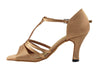 Brown satin ballroom shoes with heels, offering elegance and comfort