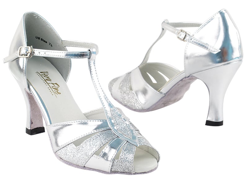 Shimmering silver stardust and leather ballroom heels