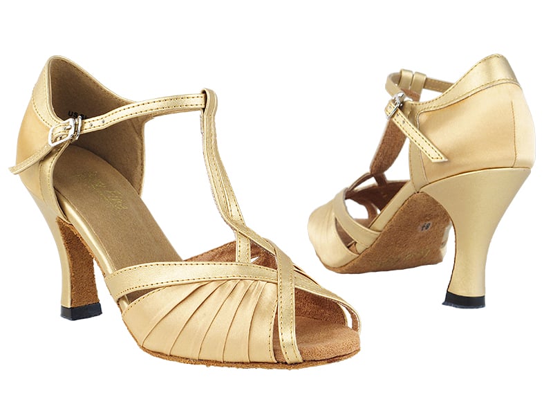 Stylish light brown satin and gold ballroom heels for dancers