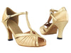 Stylish light brown satin and gold ballroom heels for dancers