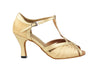 Light brown satin heels with delicate gold accents