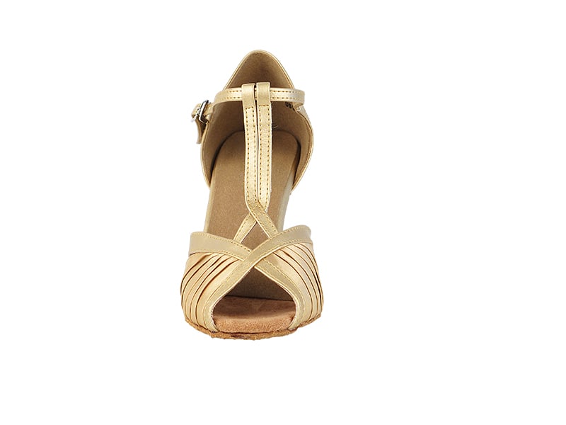 light brown satin heels with delicate gold accents