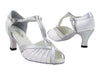 Classic white satin ballroom heels adorned with silver trim