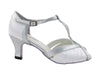 Sleek ballroom heels in white satin with shimmering silver detailing