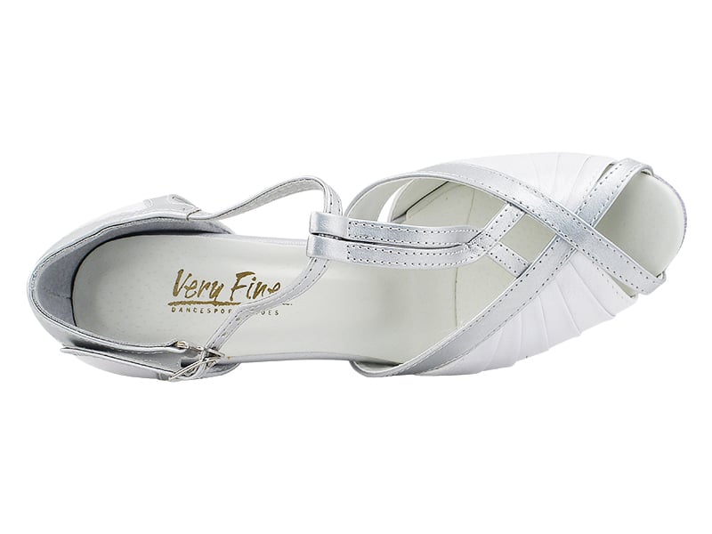 Sleek ballroom heels in white satin with shimmering silver detailing