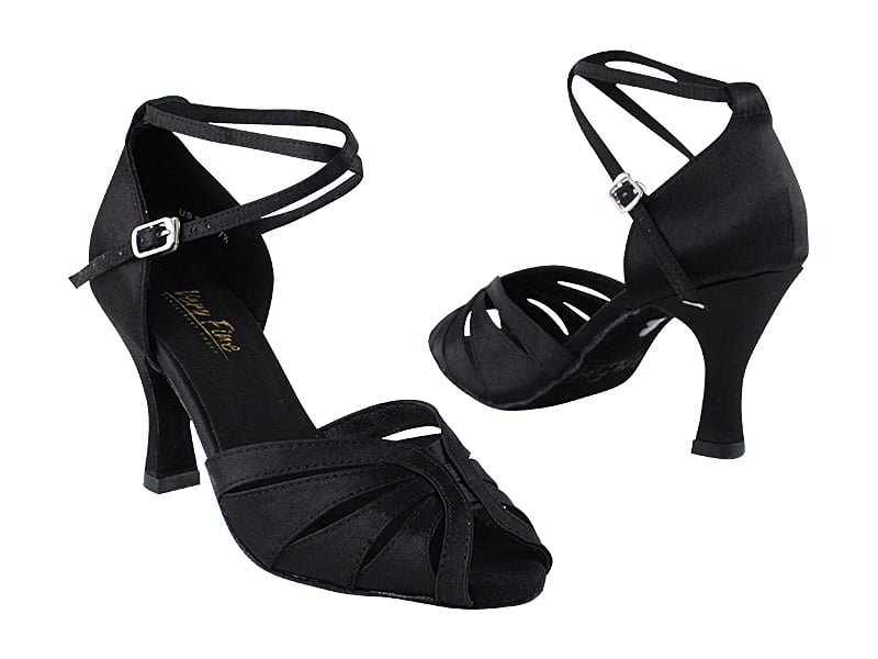 Sleek black satin ballroom heels