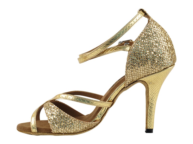 Gold sparklenet dance shoes with snake pattern detailing