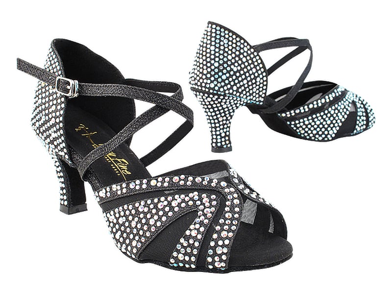 Bling black glitter satin and mesh ballroom dance heels