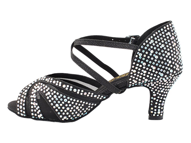 Black glitter satin and mesh ballroom dance shoes with bling