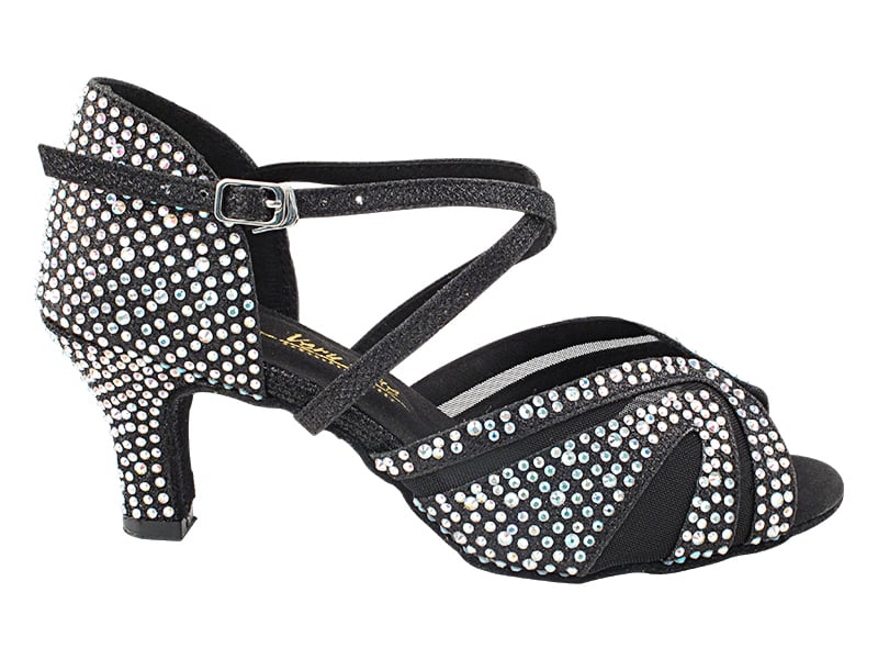 Elegant black glitter satin heels with mesh detailing