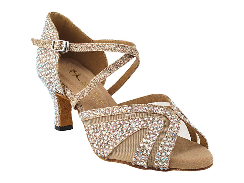 Elegant champagne glitter satin heels with mesh detailing