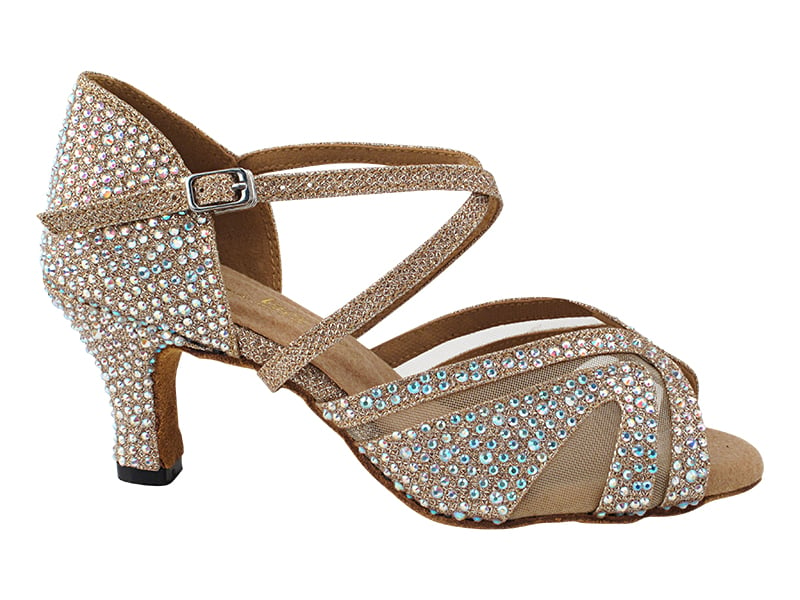 Champagne glitter satin and mesh ballroom dance shoes with bling