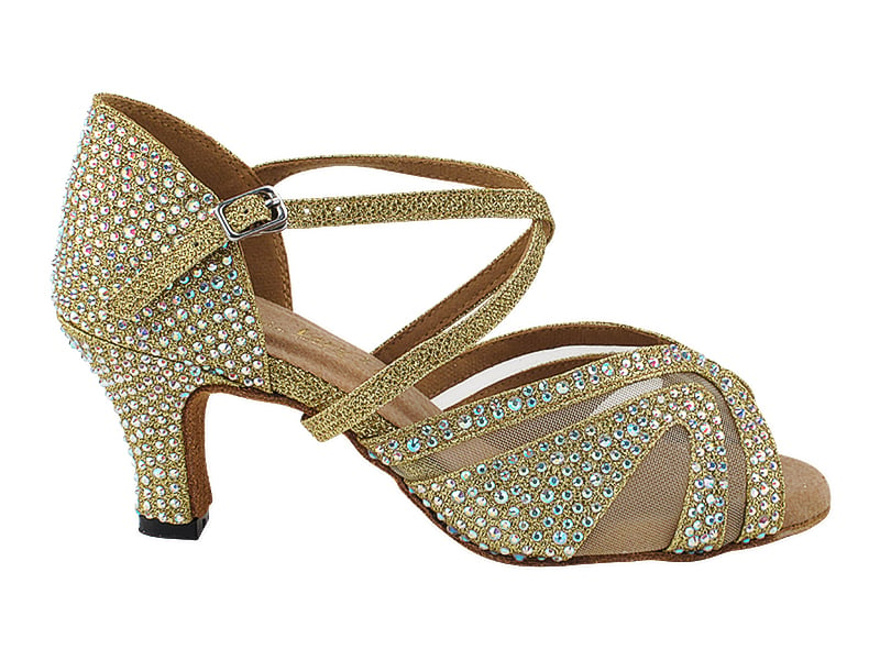 Elegant gold glitter satin heels with mesh detailing