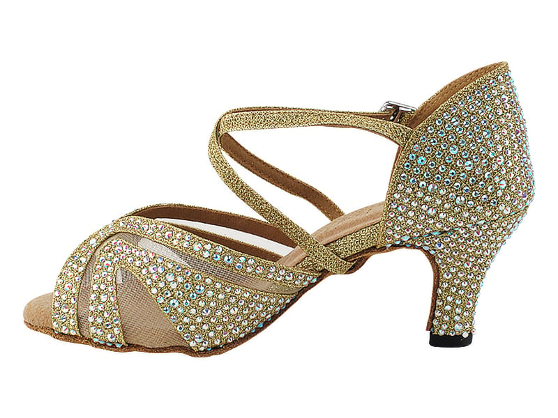 Gold glitter satin and mesh ballroom dance shoes with bling