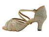 Gold glitter satin and mesh ballroom dance shoes with bling