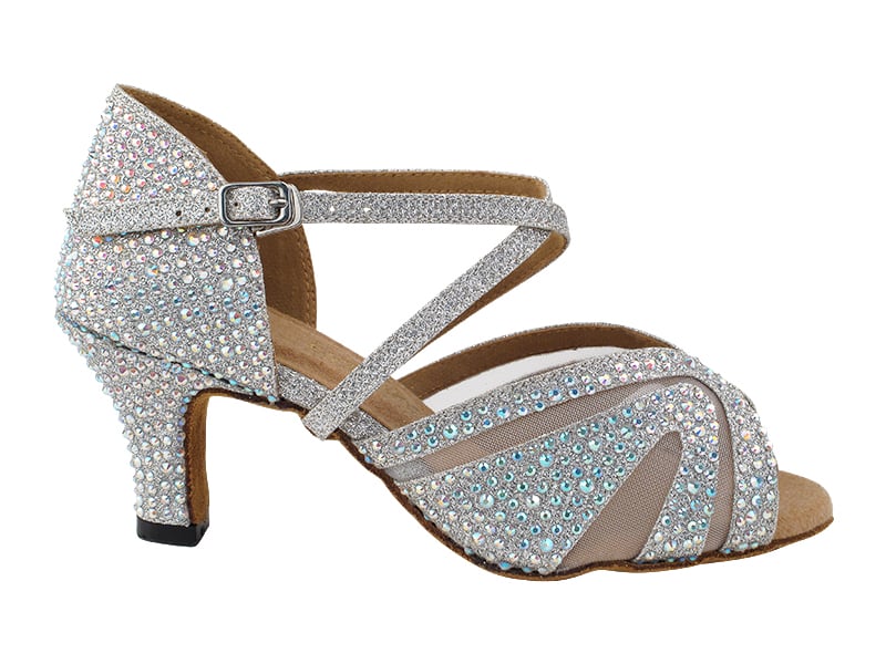 Silver glitter satin and mesh ballroom dance shoes with bling