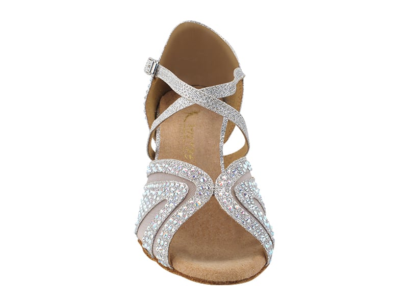 Silver glitter satin and mesh ballroom dance shoes with bling