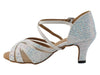 Stylish white heels featuring shimmering glitter, satin, and mesh design