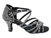 Elegant black heels adorned with sparkling glitter and satin detailing