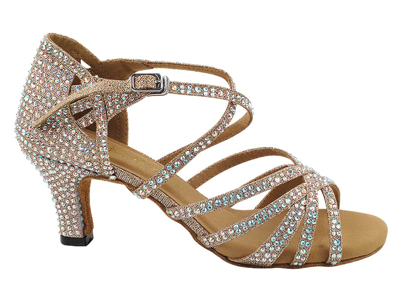 Stunning champagne-colored heels featuring glitter and satin embellishments