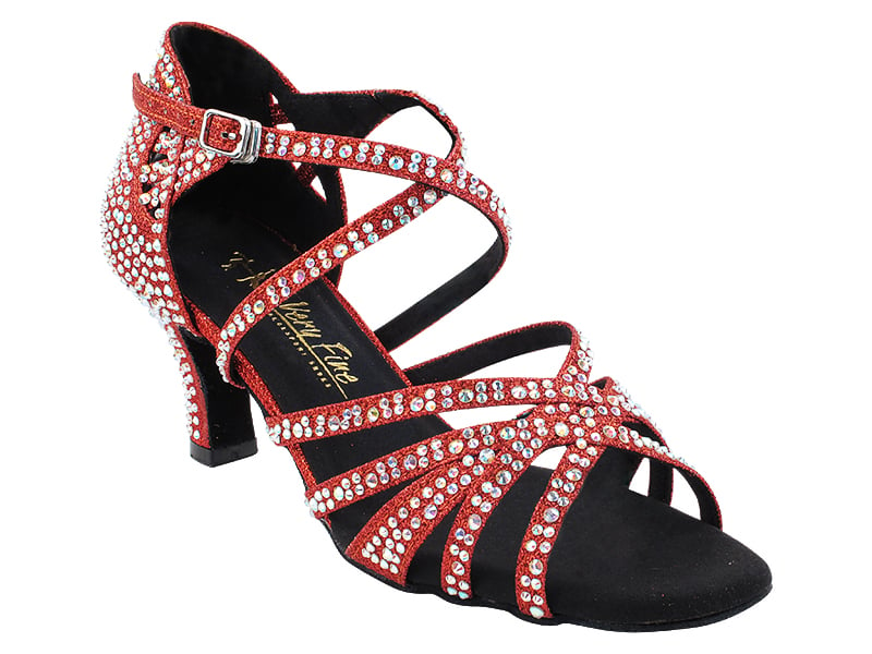 Vibrant red ballroom heels with sparkling glitter and satin