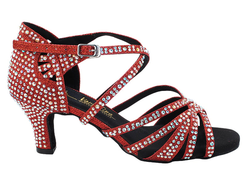 Glamorous red heels adorned with shimmering glitter and satin