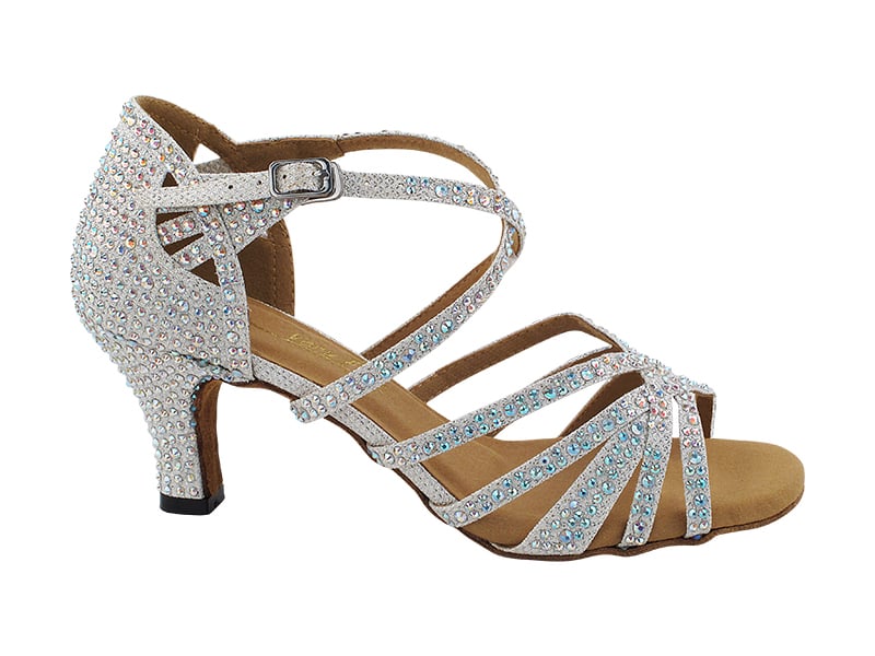 Stylish white heels adorned with glitter and satin detailing