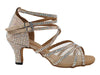 Stylish champagne heels featuring shimmering glitter, satin, and mesh design