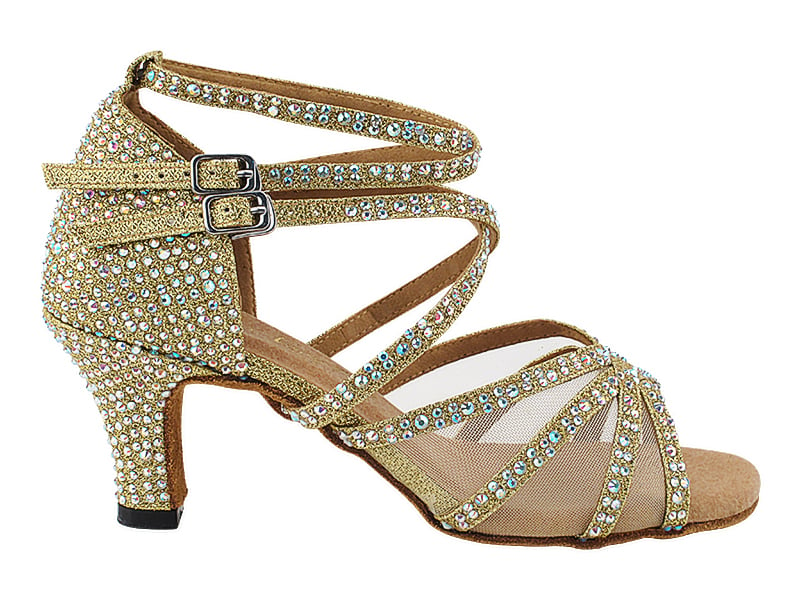 Stylish gold heels adorned with shimmering glitter, satin, and mesh design