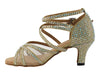 Glamorous gold ballroom heels with glitter, satin, and mesh embellishments