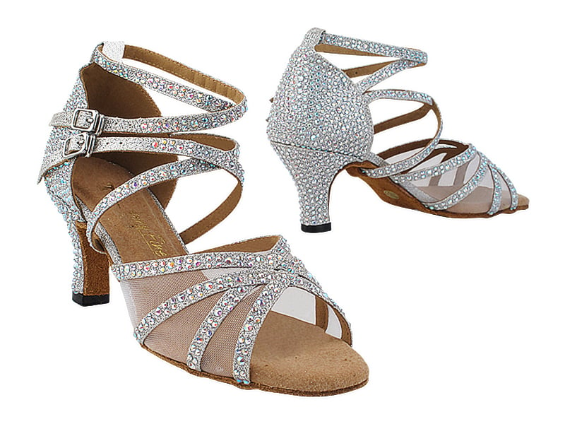 Silver glitter satin and mesh ballroom heels