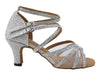 Stylish silver heels adorned with sparkling glitter, satin, and mesh design